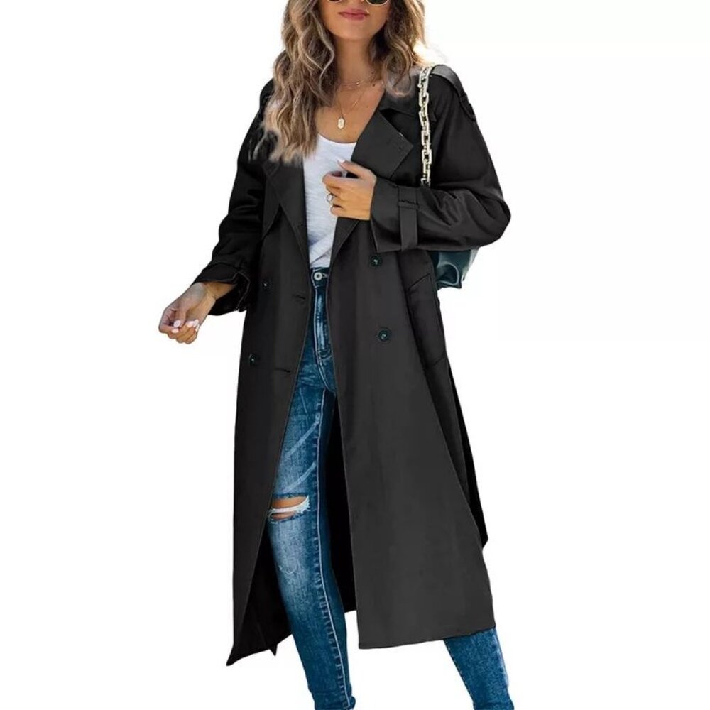 Imily Bela Womens Windproof Double Breasted Classic Lapel Slim Long Trench Coat